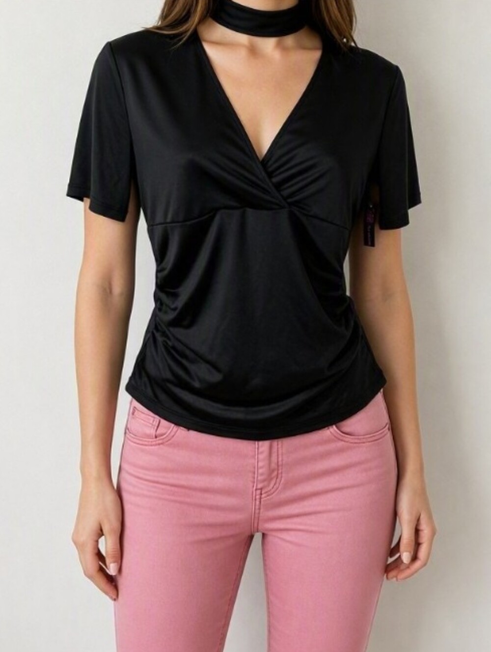 Sexy Black Choker Neck Short Sleeve Jersey Blouse - V-Neckline (fits M - L)